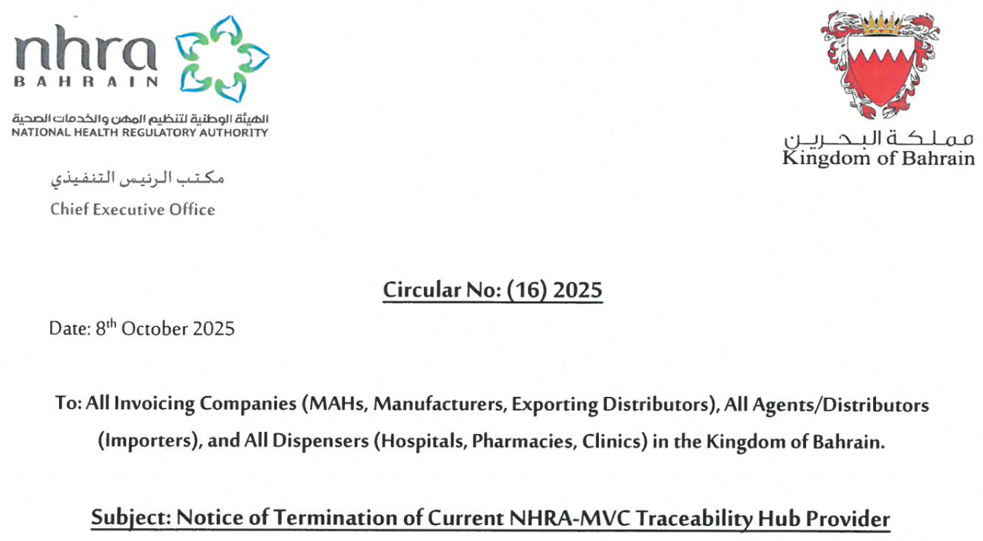 Circular No. (16) 2025: To All Invoicing Companies and All Dispensers - Notice of Termination of Current NHRA-MVC Traceability Hub Provider